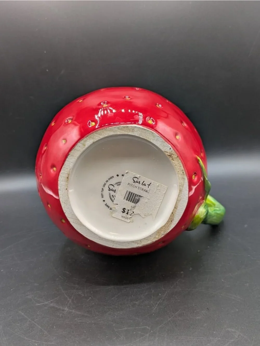 Sur La Table Ceramic Strawberry Shaped Pitcher Water Lemonade Red Green 7.5